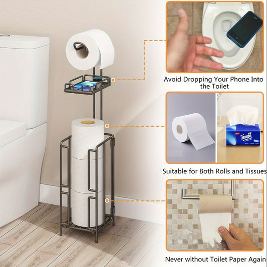 Freestanding Toilet Paper Holder Stainless Steel Stand with 3 Extra Roll Storage Modern Bathroom Organizer