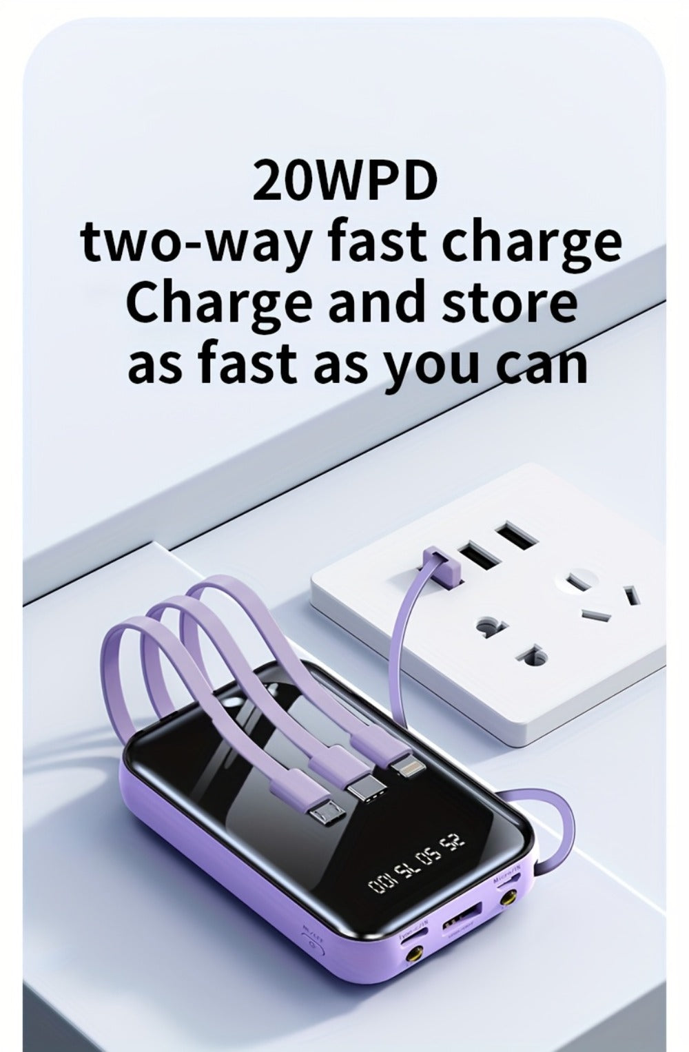 3-in-1 Built-in Cables Power Bank 50000mAh Portable Charger with Smart Digital Display Flashlight Apple Lightning Type-C USB Safe Lithium Battery Pack Outdoor Emergency Travel Gift