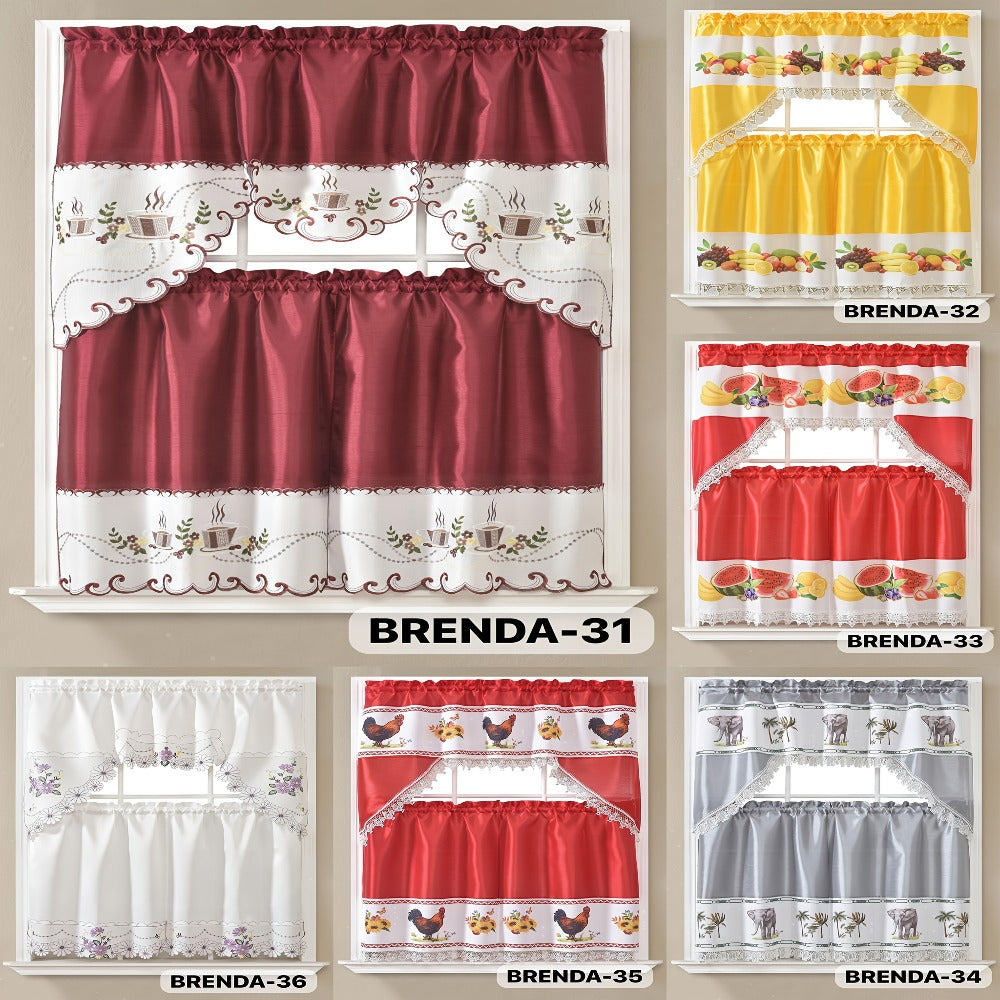 Three-Piece Patterned Kitchen Curtain Set with One Valance, Two Tiers and Forty-Six Exact Design Options