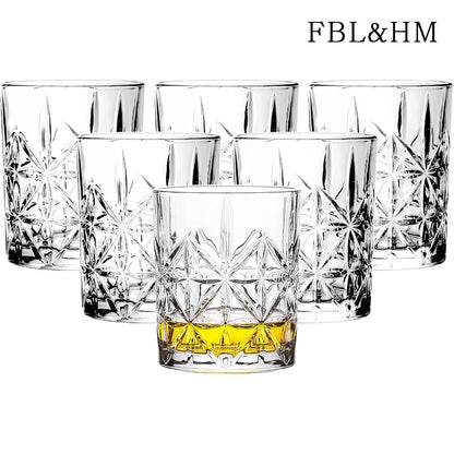 Whiskey Glasses Set of 6 - FBL&HM Lead-Free Crystal Old Fashioned Cocktail Glasses, 10oz Oval Stripe Bar Tumbler for Bourbon, Scotch, Brandy, Vodka & Mixed Drinks, Dishwasher Safe