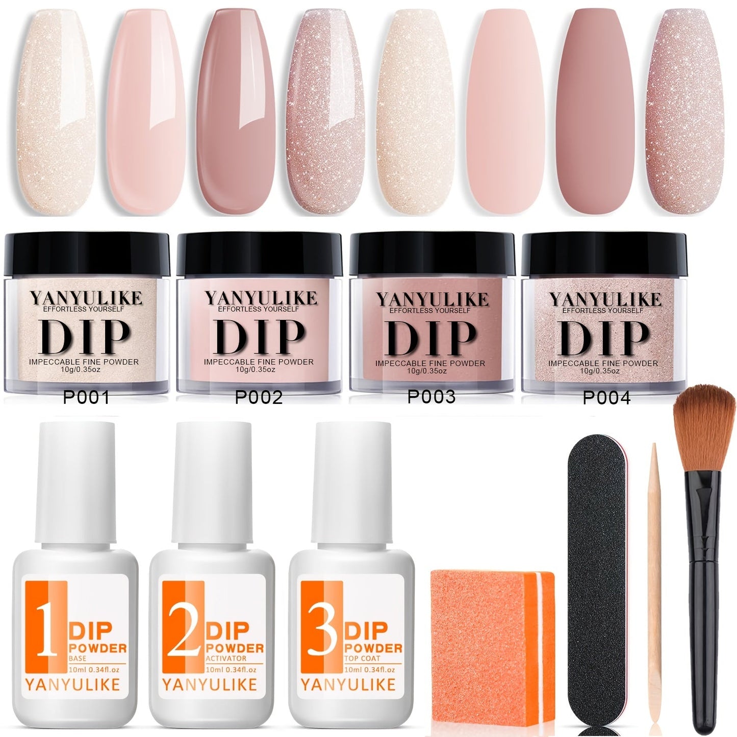 Dip Powder Nail Kit with YANYILIKE Label, Four Nude Shimmer Powders, Three 10ml Liquids and Four Tools