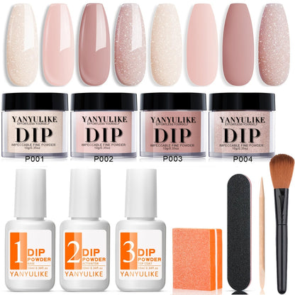 Dip Powder Nail Kit with YANYILIKE Label, Four Nude Shimmer Powders, Three 10ml Liquids and Four Tools