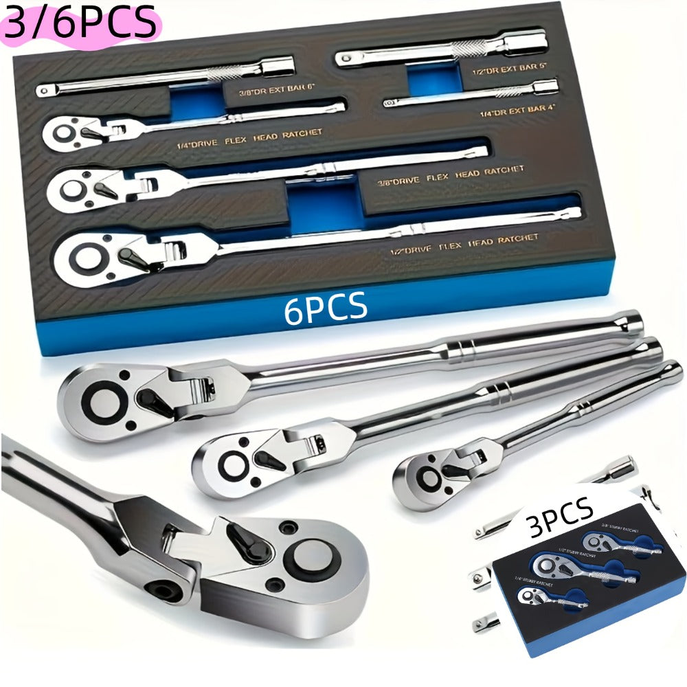 Ratchet Wrench Set 3-Piece & 6-Piece | 72-Tooth 1/4" 3/8" 1/2" Drive Flexible Head Quick Release Ratchet Handle with EVA Sponge Tool Kit – 180° Adjustable Bendable Ratchet