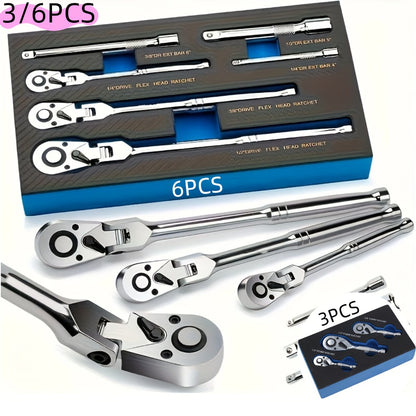 Ratchet Wrench Set 3-Piece & 6-Piece | 72-Tooth 1/4" 3/8" 1/2" Drive Flexible Head Quick Release Ratchet Handle with EVA Sponge Tool Kit – 180° Adjustable Bendable Ratchet