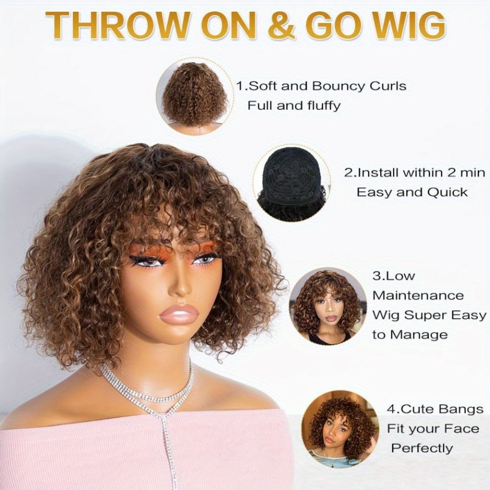 12-Inch Water Wave Bob Human Hair Wig with Bangs, 150% Density and TT1B/33 or P1B/30 Color