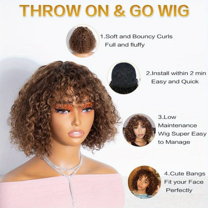 12-Inch Water Wave Bob Human Hair Wig with Bangs, 150% Density and TT1B/33 or P1B/30 Color