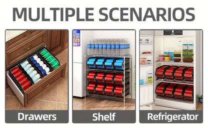 Soda Can Rack Kitchen Organizer 6-Piece Black Iron Stackable Set for Refrigerator, Pantry or Cabinet