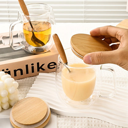 Four-Piece Double-Wall Glass Coffee Cup Set with 350 ml Capacity, Wooden-Style Lids and Spoons