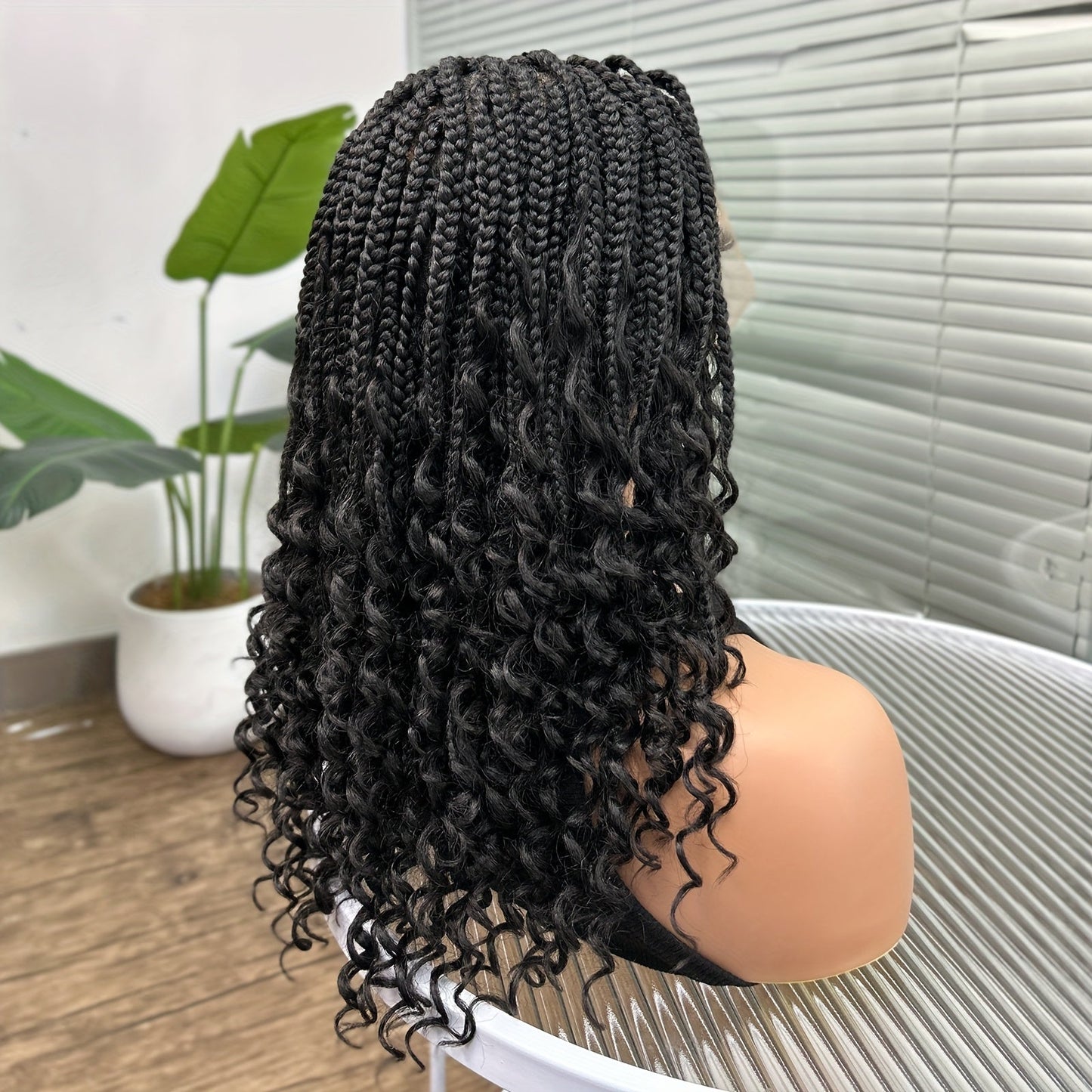 Goddess Braided Wig Knotless Bohemian Square Braid Full Lace Curly Wave 14-16 Inch Black Burgundy Brown Natural Hairline Protective Style Synthetic Wig for Women