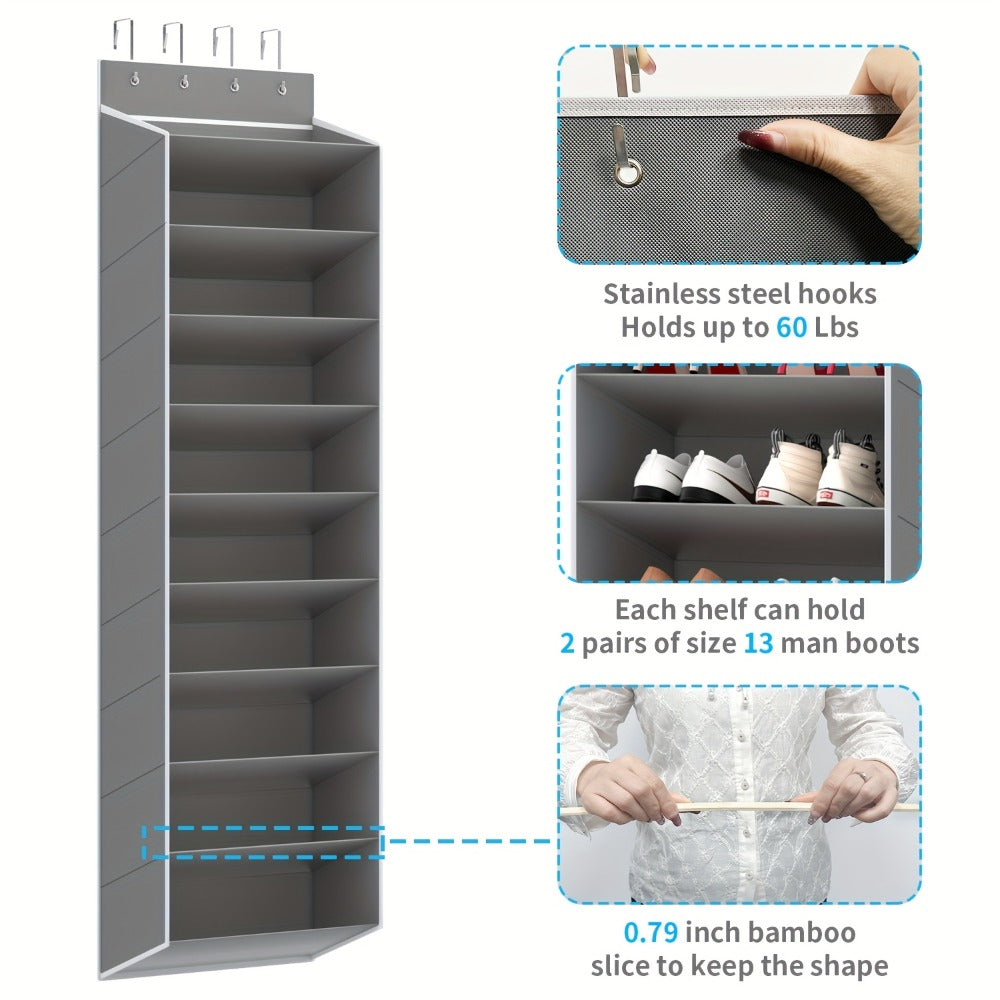 Shoe Rack 10-Tier Space-Saving Over-the-Door Organizer for Up to 20 Pairs with 4 Metal Hooks in Gray