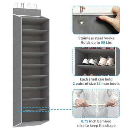 Shoe Rack 10-Tier Space-Saving Over-the-Door Organizer for Up to 20 Pairs with 4 Metal Hooks in Gray