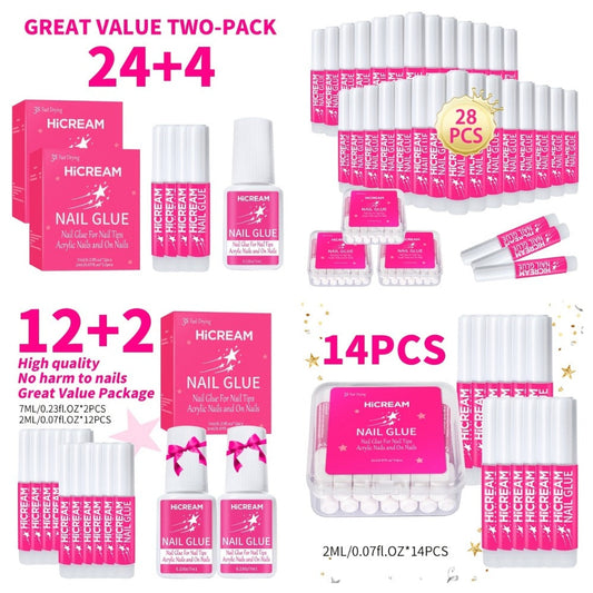 Nail Glue Set for Press On Nails Water Resistant Unscented Brush On Liquid Adhesive DIY Nail Art Enhancement Gel Formula Multi-Pack 14pcs 28pcs