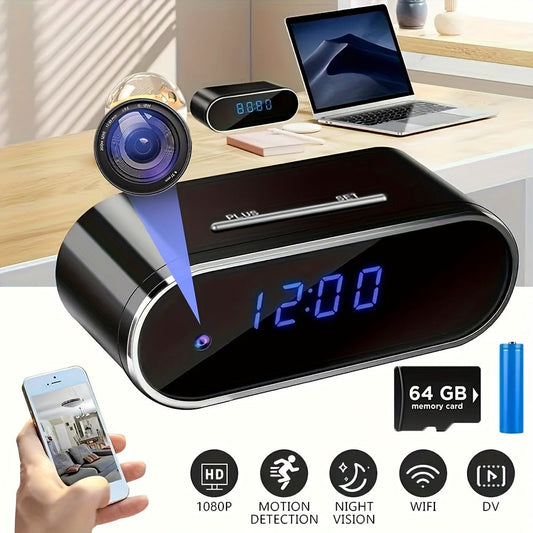 1080P WiFi Clock Camera Battery Powered, Hidden Nanny Cam with 64GB Memory Card Included, Night Vision, Motion Detection, Loop Recording, 2.4GHz Wireless, Remote Live View for Home Office Warehouse