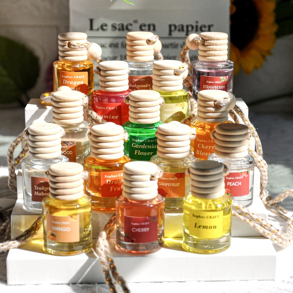 Car Air Freshener 18-Pack Hanging Diffuser Bottles with Six Random Scents and Adjustable Wood Caps