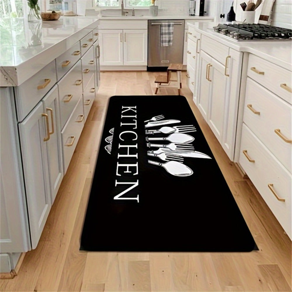 Kitchen Mat Set, 3-Piece Black Alphabet, Knife and Fork Pattern Rugs with Printed Wash-Care Instructions