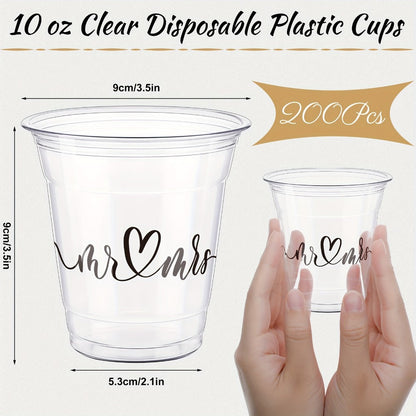 Clear Wedding Cup Party Supplies Pack with 200 10-Ounce Plastic Cups and Mr and Mrs Script