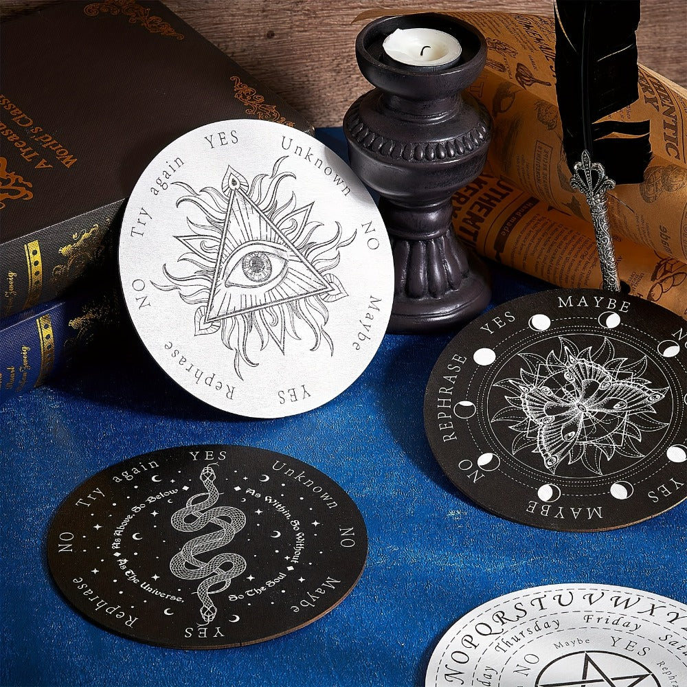Eight-Piece Wooden Pendulum Board Set with Six-Inch Yes-No Designs for Adult Spiritual Practice and Decor