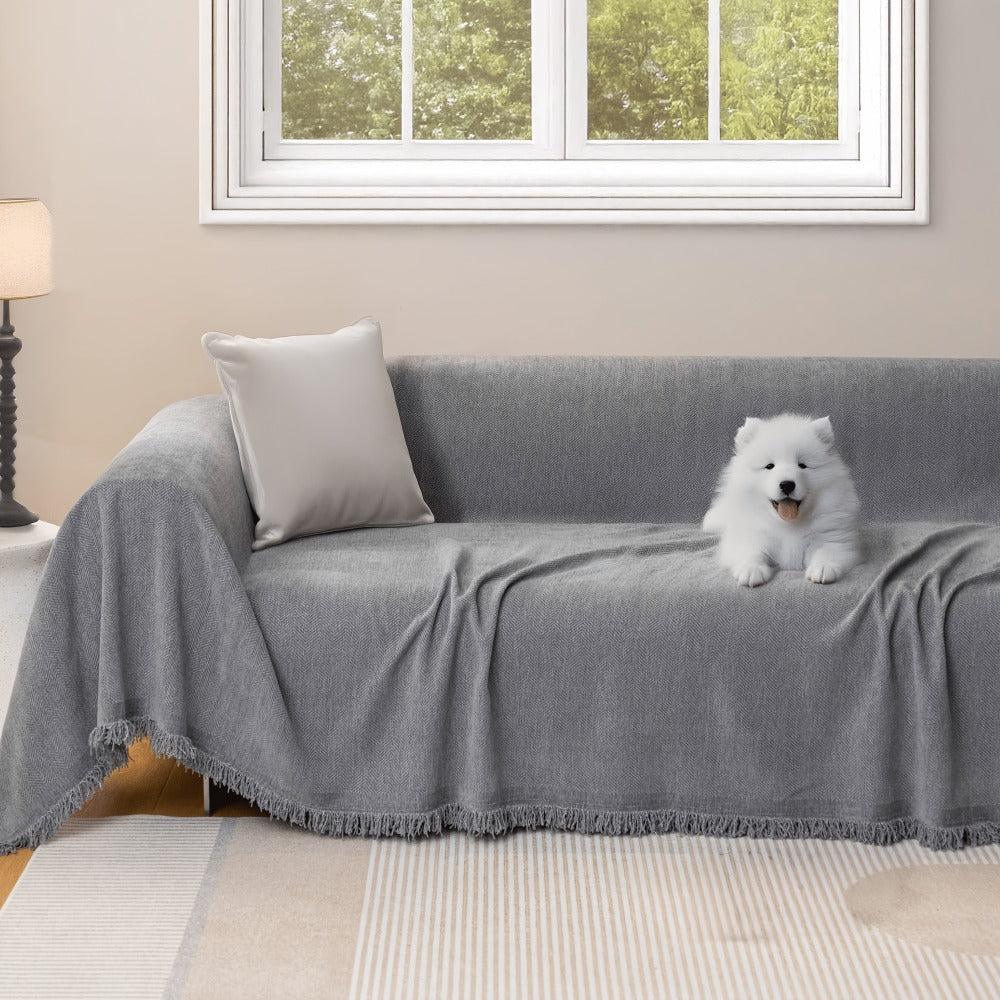 Sofa Cover Throw, Chenille Woven Fringe Slipcover in Three Colors for Three- and Four-Seat Couches