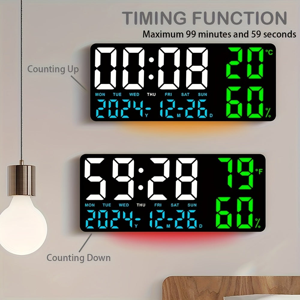 Large LED Wall and Desk Clock with Nine Display Checkouts, Calendar, Temperature and Humidity Readouts