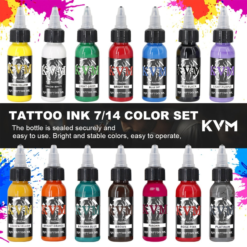 1oz Tattoo Ink Set 7 & 14 Colors Professional - 30ml Stable Vibrant Pigment Bottles, Fade-Resistant Permanent Ink for Rotary Coil & Pen Tattoo Machine, Complete Color Kit for Artists & Beginners