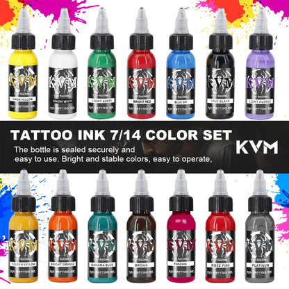 1oz Tattoo Ink Set 7 & 14 Colors Professional - 30ml Stable Vibrant Pigment Bottles, Fade-Resistant Permanent Ink for Rotary Coil & Pen Tattoo Machine, Complete Color Kit for Artists & Beginners