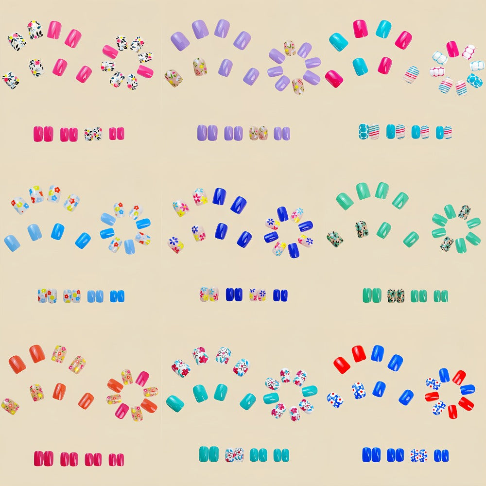Floral Nail Stickers 216 Pieces 9 Packs Short Press On Nails – Plant Flower Designs Glossy Full Cover False Nails Spring Summer Easy Removable Manicure Set for Women Girls