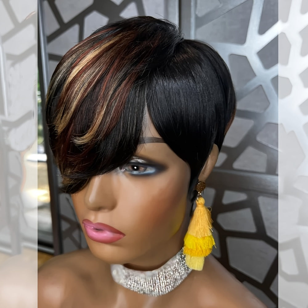 Short Pixie Cut Wig with Bangs Black Blonde Layered 4 Inch Rose Net Cap | Brown Blonde Mix Synthetic Wig for Black Women Daily Wear Office Party