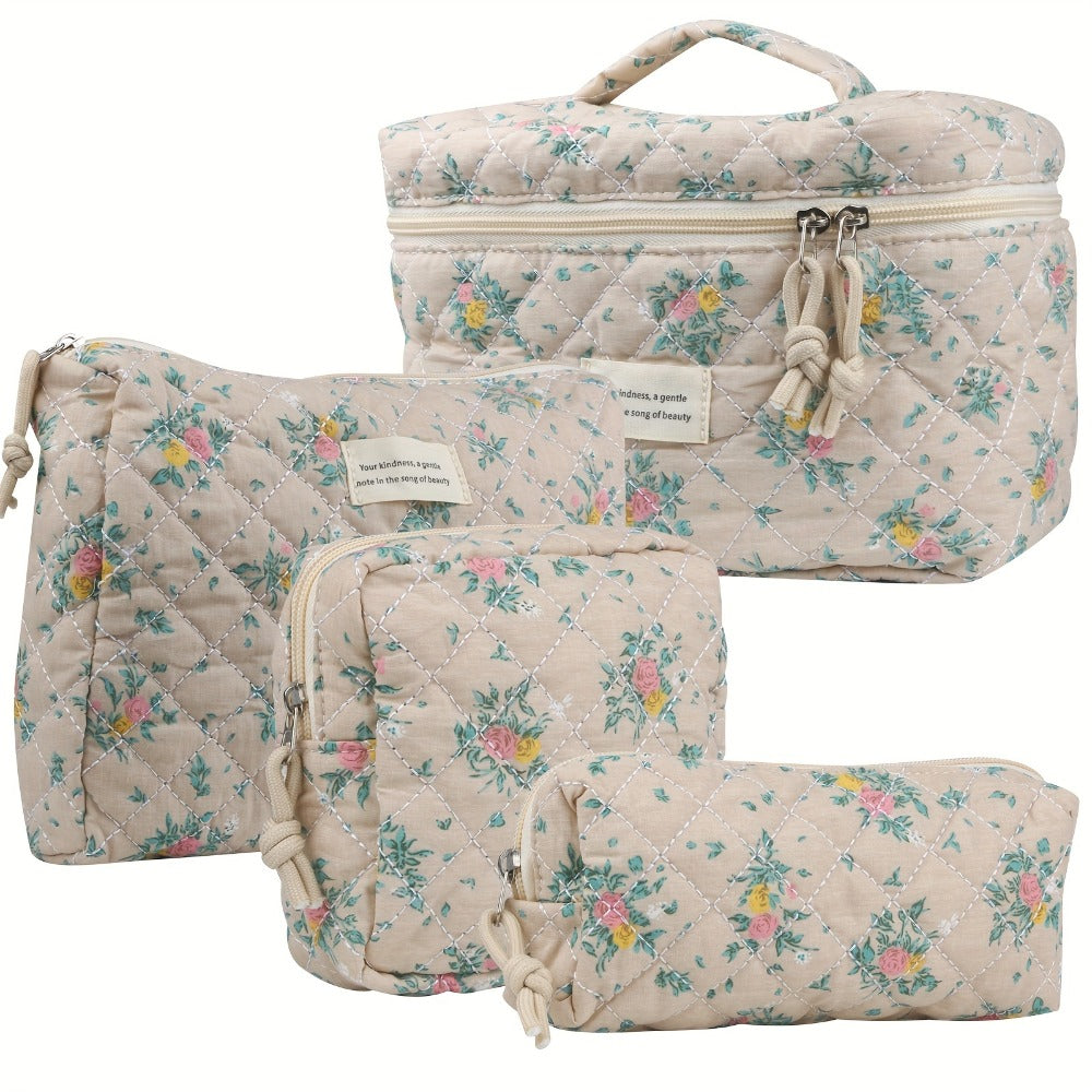 Makeup Bag – Quilted Makeup Bag Set 4-Piece Floral Rose Coquette Aesthetic Premium Cotton Cosmetic Organizer Travel Toiletry Pouch 4…