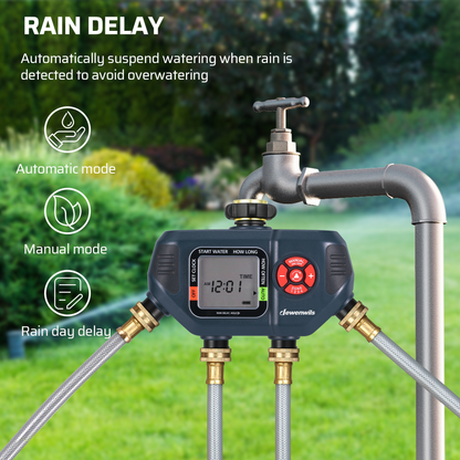 4-Zone Sprinkler Timer with Auto/Manual/Rain Delay Modes – Programmable Garden Irrigation Controller, 3.4" LCD Display