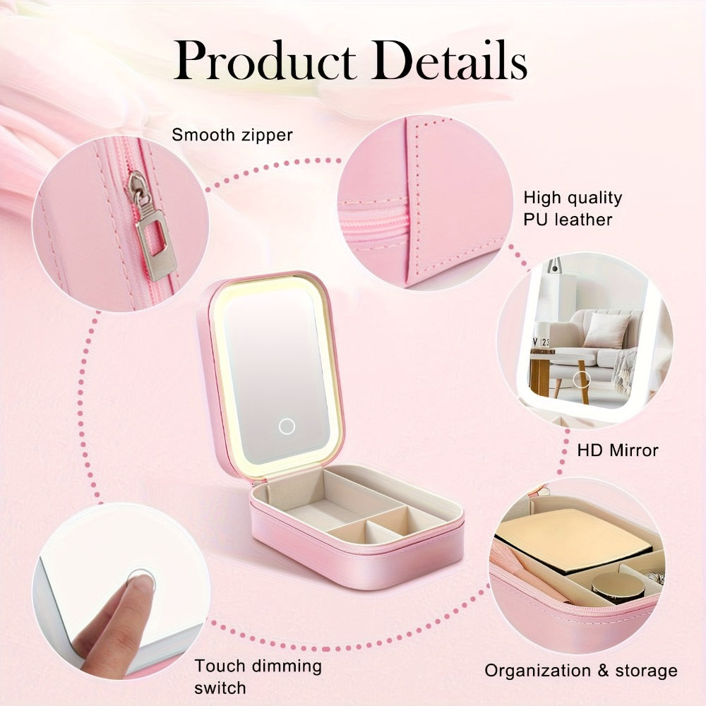 Lighted Makeup Mirror with Travel Case Cosmetic Organizer 3-Color LED Light 1200mAh Rechargeable Portable Vanity Mirror Adjustable Brightness for Women Gift Birthday Christmas