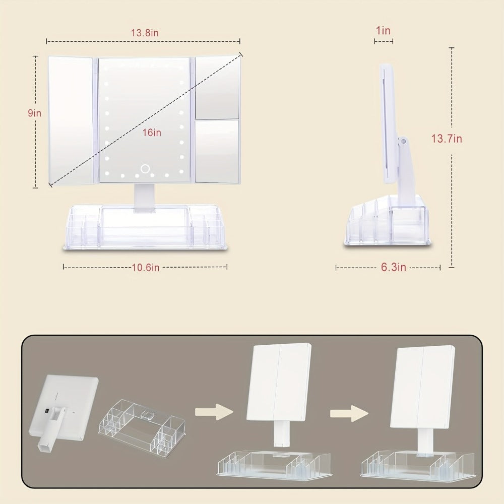 Makeup Mirror Tri-Fold Vanity with 24 LEDs, 1X 2X and 3X Panels, Touch Dimming, Storage Base and Dual Power