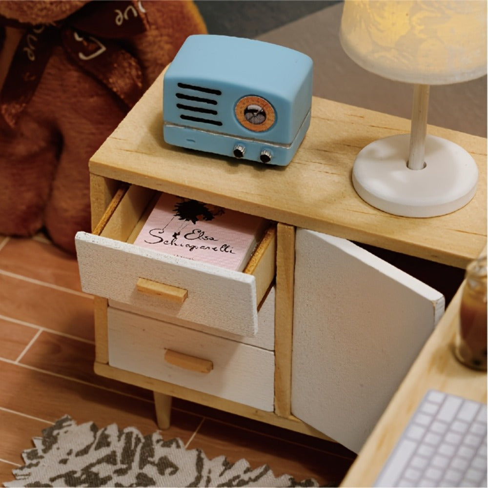 Sunshine Study DIY Miniature Room Kit with Desk, Sofa, Guitar and Clear Display Cover for Adult Shelf Decor