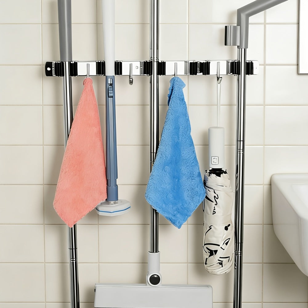 Mop and Broom Holder Wall Mount – Stainless Steel Heavy Duty Self Adhesive Rack with 5 Slots & 4 Hooks, No-Drill Storage Organizer for Kitchen Garage Laundry Garden Home