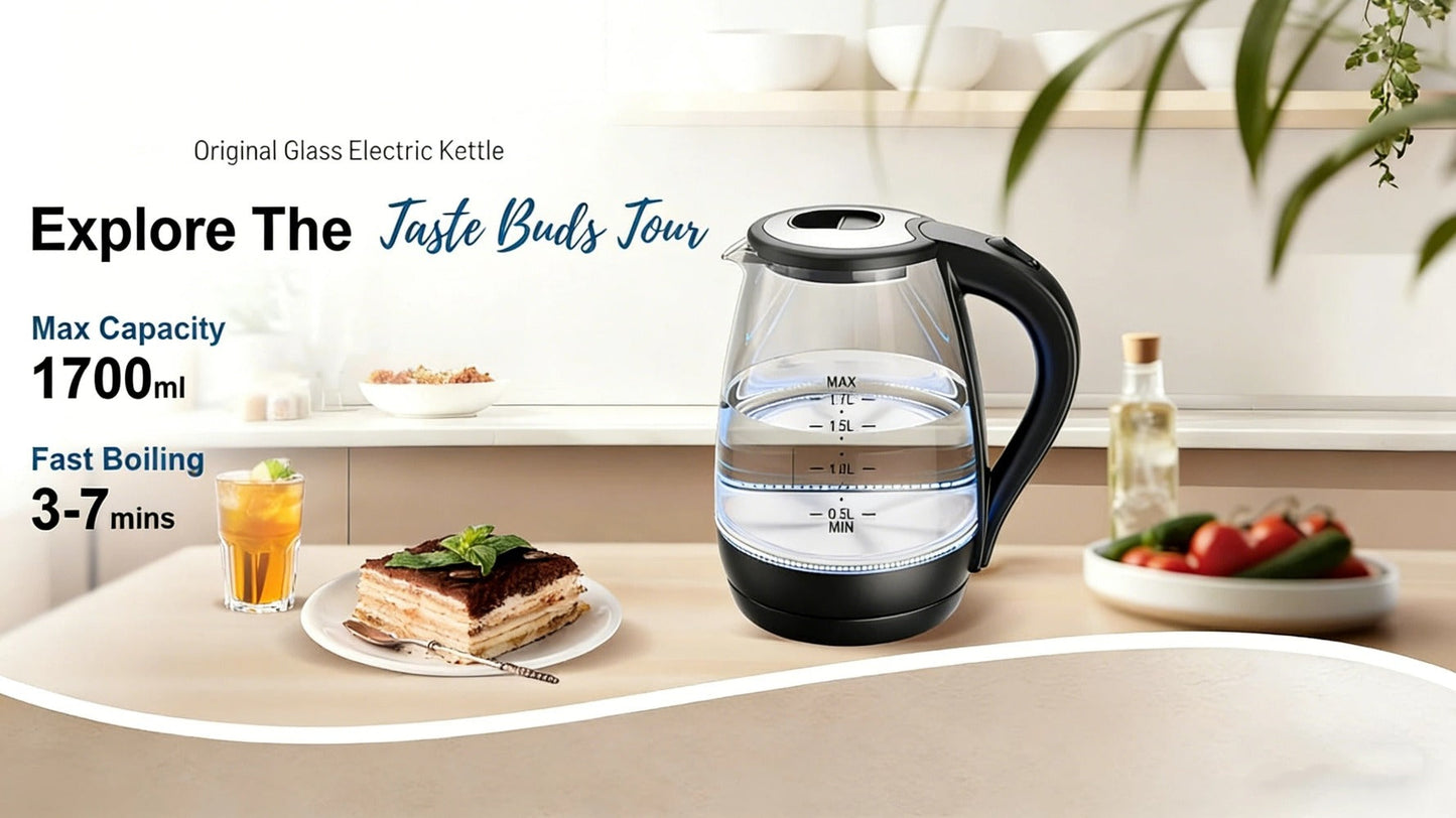 Glass Electric Kettle 1200W Borosilicate with Blue LED Glow - 57.48oz 1.7L Fast Boil BPA-Free Auto Shut-Off Boil-Dry Protection, Transparent Electric Tea Kettle for Home Office RV Camping Kitchen Gift