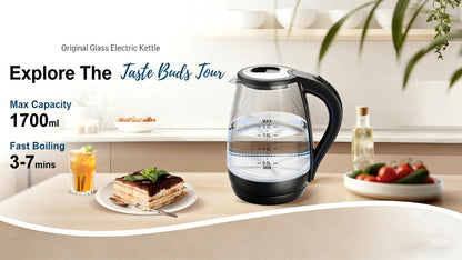 Glass Electric Kettle 1200W Borosilicate with Blue LED Glow - 57.48oz 1.7L Fast Boil BPA-Free Auto Shut-Off Boil-Dry Protection, Transparent Electric Tea Kettle for Home Office RV Camping Kitchen Gift
