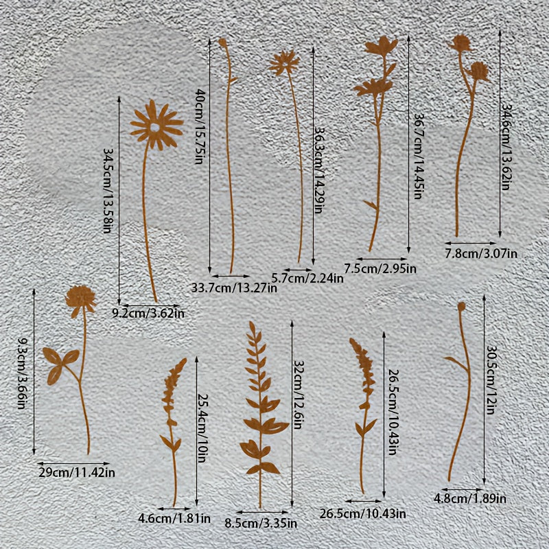 Rustic Metal Wildflower Bouquet, 10-Piece Mixed Stem Set from 25.4 to 40 cm for Vases and Planters