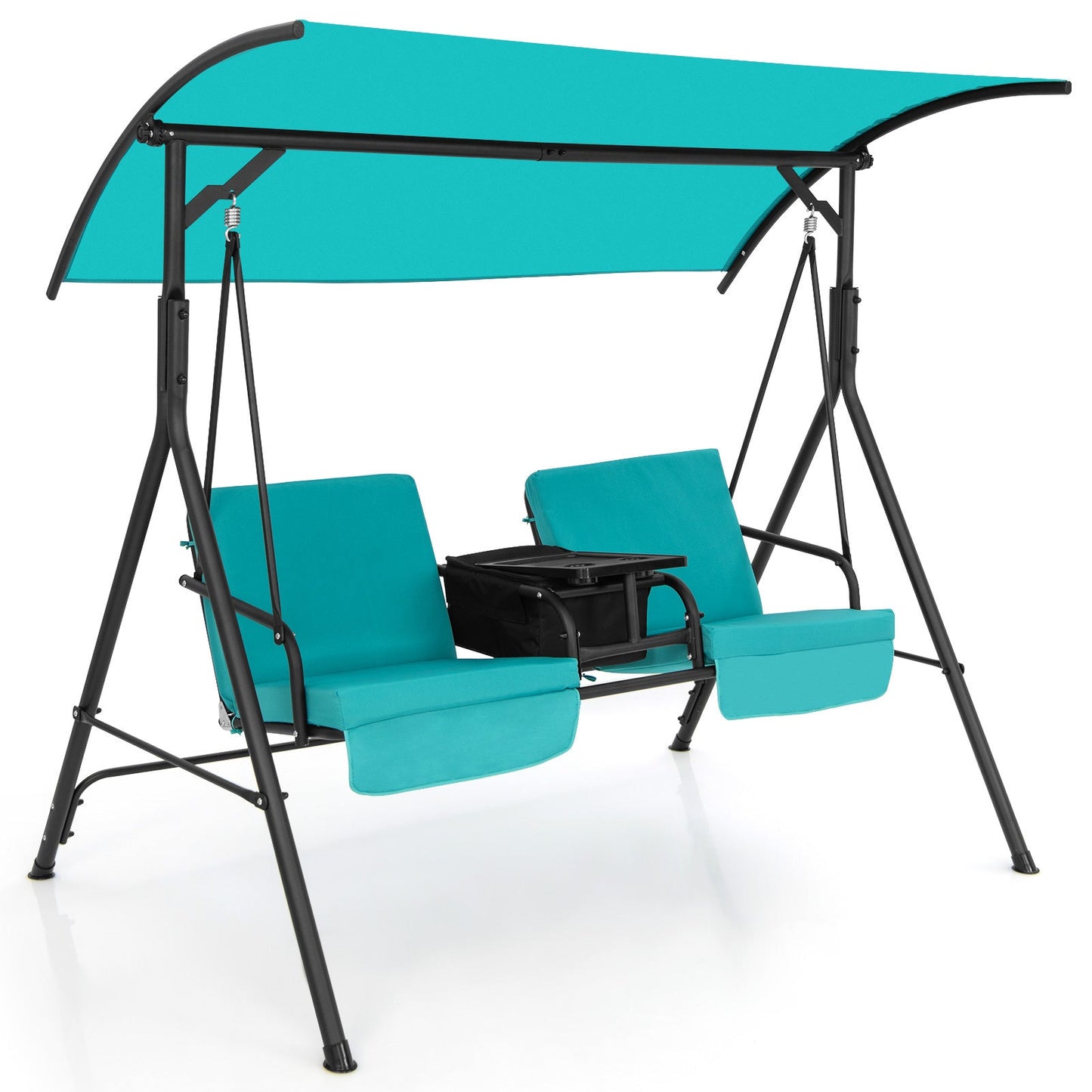 Two-Person Patio Canopy Swing with Cooler Bag, Rotating Tray and Cushions in Beige or Turquoise
