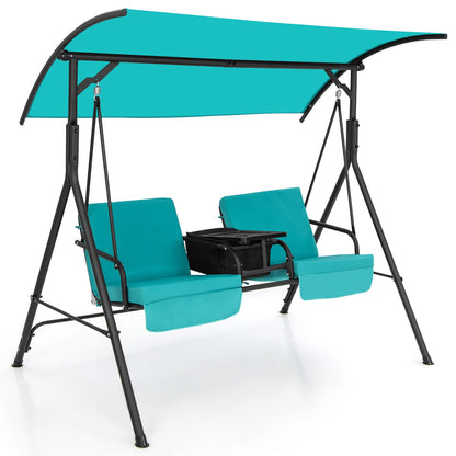Two-Person Patio Canopy Swing with Cooler Bag, Rotating Tray and Cushions in Beige or Turquoise