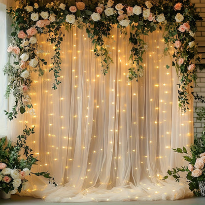 Champagne Tulle Photography Backdrop Set with Two Curtain Panels, USB String Lights and Ten Hooks