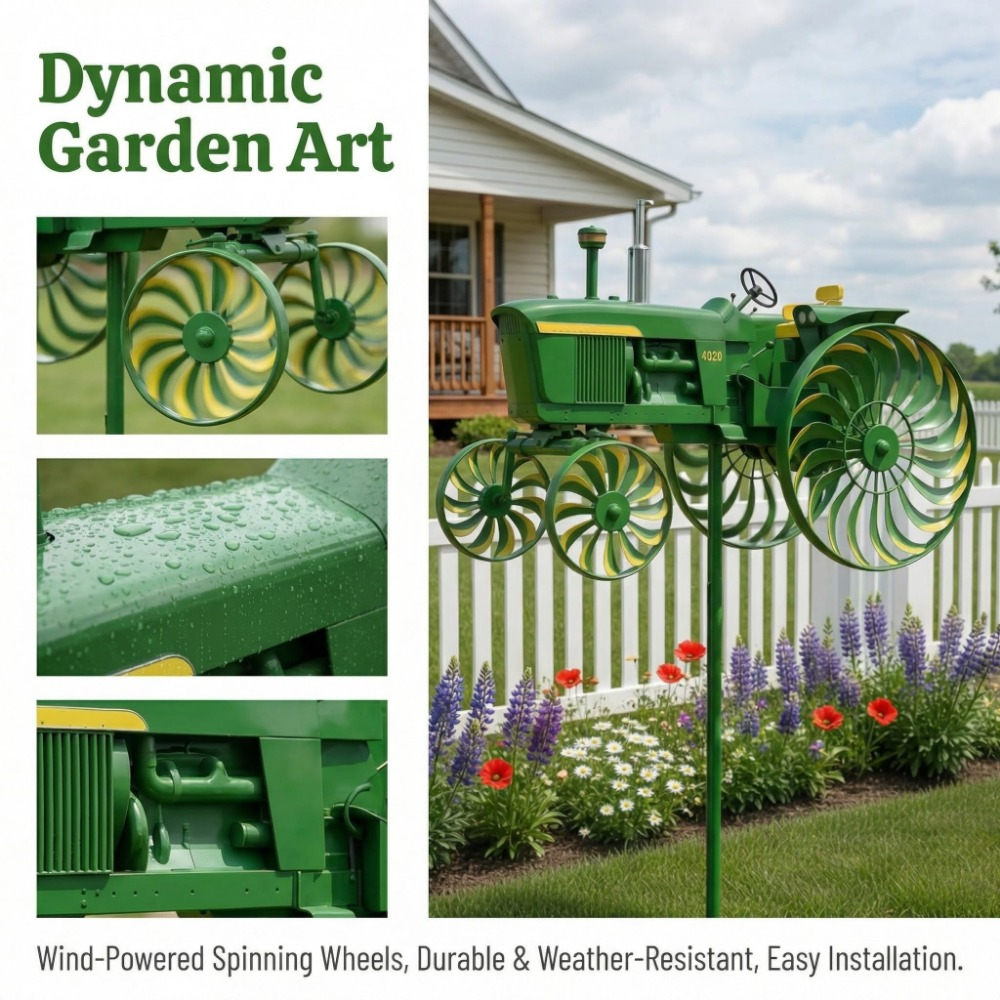 Tractor-Shaped Garden Windmill Stake with Six Rotating Pinwheel Wheels and 28 x 14 cm Topper