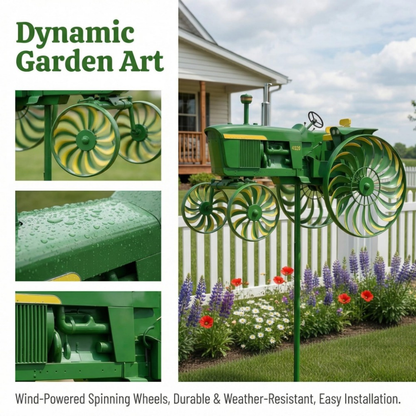 Tractor-Shaped Garden Windmill Stake with Six Rotating Pinwheel Wheels and 28 x 14 cm Topper