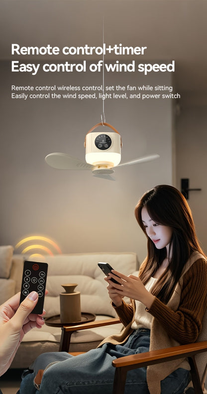 Portable Fan, USB-Powered Hanging Tent Model with Remote Control, LED Light and Optional Triangular Stand
