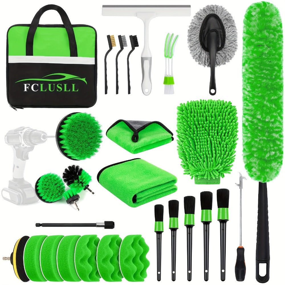 Car Cleaning Kit with Portable Vacuum Cleaner – 17/24/29/32/35pcs Interior Detailing Set with Windshield Cleaner, Drill Brush Set & Interior Brush Set – Complete Auto Care Kit