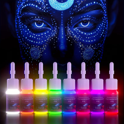 Tattoo Ink DMTATTOO UV Blacklight Set with Eight 5ml Bottles in White, Red, Orange, Green, Yellow, Purple, Blue and Pink