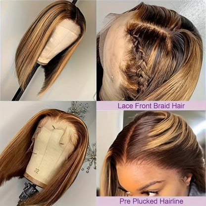 P4/27 Honey Highlight Bob Wig 5x1 Lace Front Short Straight Human Hair 180% Density – Glue Free Wear and Go Pre-Painted Pre-Styled Women 8 10 14 Inch Beginner Friendly