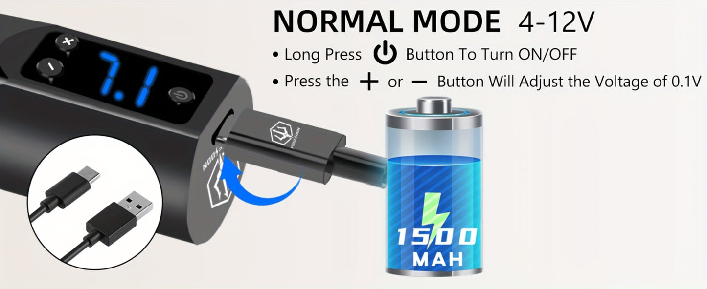Tattoo Machine Kit POSEIDON TK035 Wireless Rotary Pen with LCD, 1500mAh Battery, 20 Cartridges and Practice Supplies