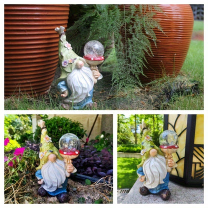 11-Inch Solar Garden Gnome Statue with Illuminated Globe, Blue Robe and Integrated Rear Panel