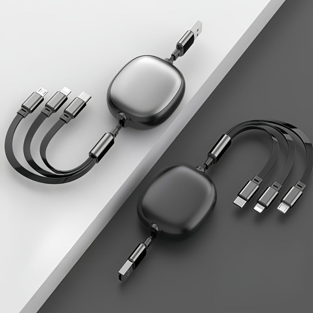 1.2m Retractable Charging Cable with Type-C, Micro USB and Lightning Ends in Six Color Options