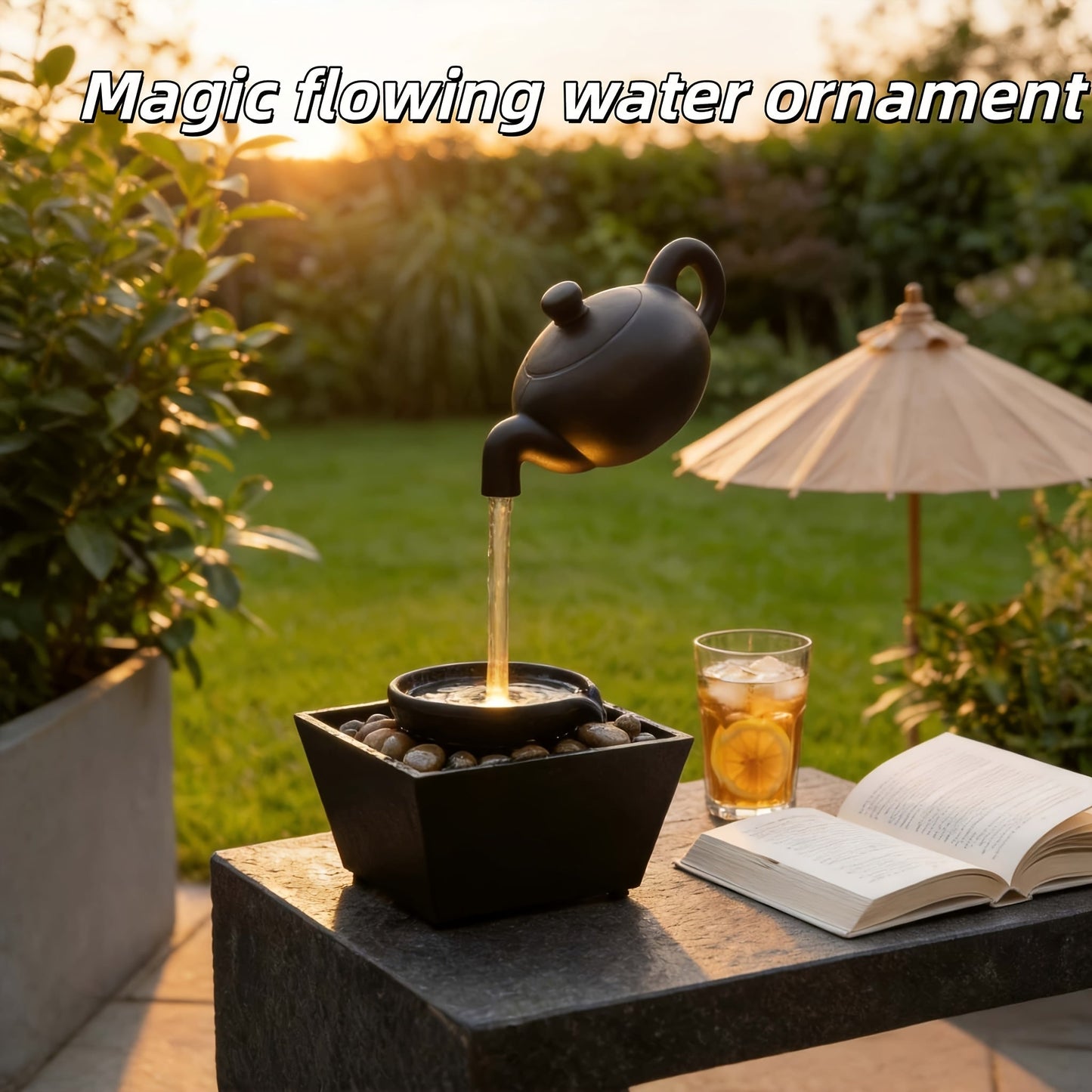 Garden Fountain Ornament – Floating Teapot Water Flow Sculpture, Zen Courtyard Decor for Yard, Patio & Home, Unique Housewarming Gift
