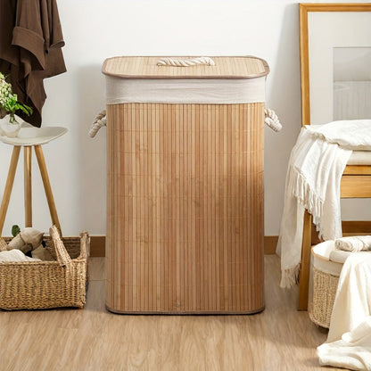 Upgrade or Ordinary Rectangular Collapsible Laundry Hamper with Slatted Body, Lid and Side Handles